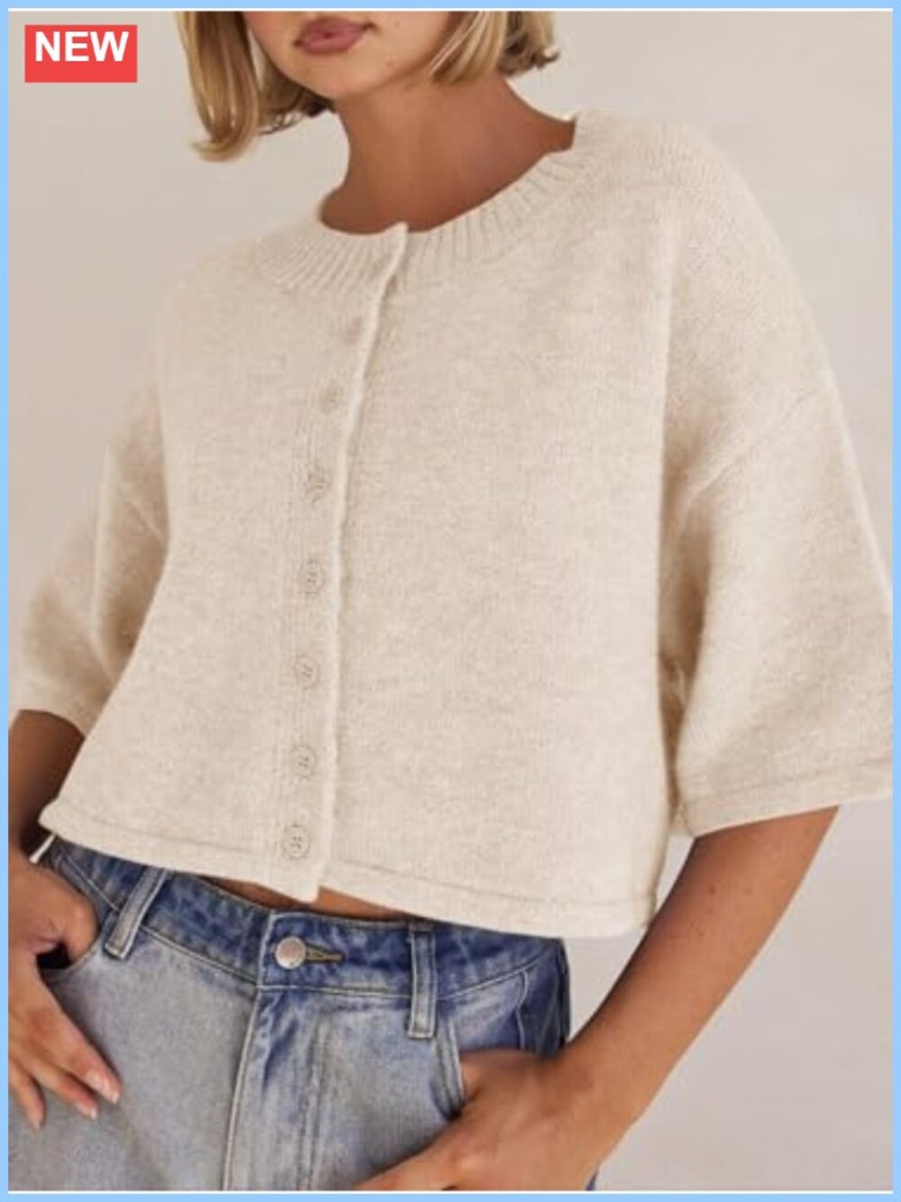 Womens 3/4 Sleeve Button Down Cropped Cardigan Knit Sweater - Picture 2 of 6